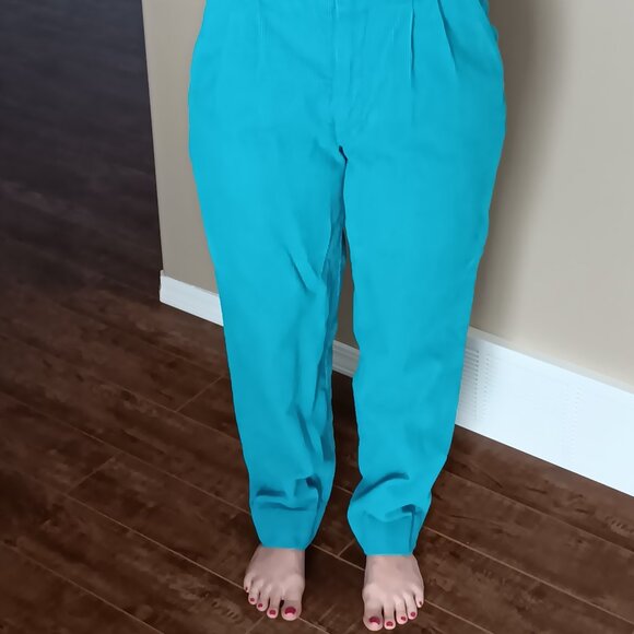 Vintage 80s Roadrunner Corduroy Pants High Waist Bright Blue Cotton Belt - Picture 2 of 8